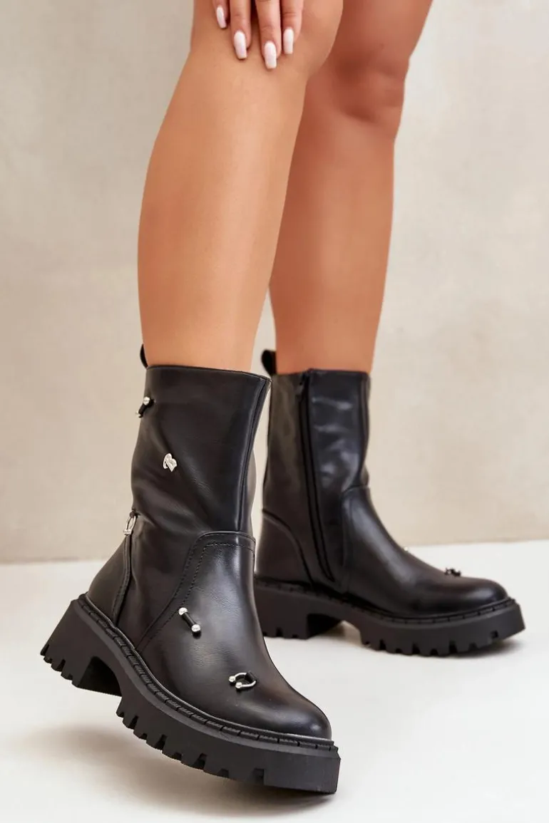 Botki Damskie Eko Skórzane Na Zamek Z Ozdobnymi Detalami Czarne Reritha