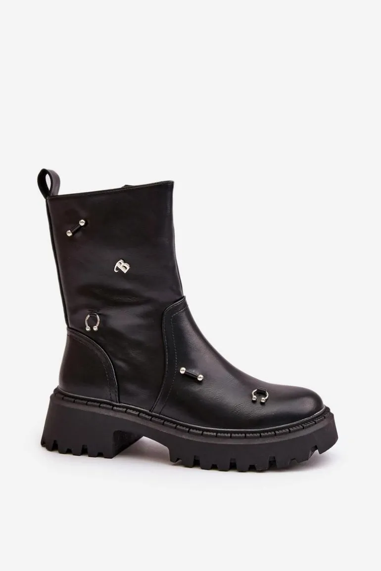 Botki Damskie Eko Skórzane Na Zamek Z Ozdobnymi Detalami Czarne Reritha