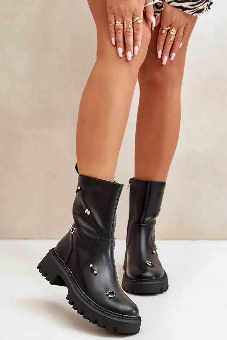 Botki Damskie Eko Skórzane Na Zamek Z Ozdobnymi Detalami Czarne Reritha