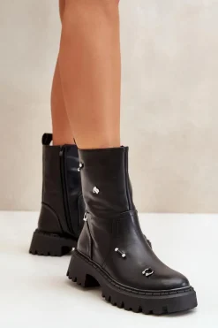 Botki Damskie Eko Skórzane Na Zamek Z Ozdobnymi Detalami Czarne Reritha