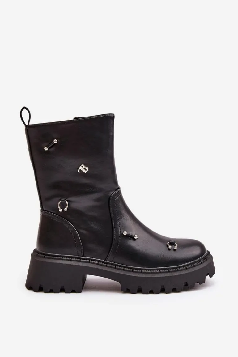 Botki Damskie Eko Skórzane Na Zamek Z Ozdobnymi Detalami Czarne Reritha