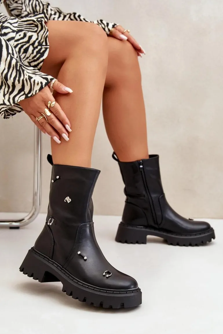 Botki Damskie Eko Skórzane Na Zamek Z Ozdobnymi Detalami Czarne Reritha