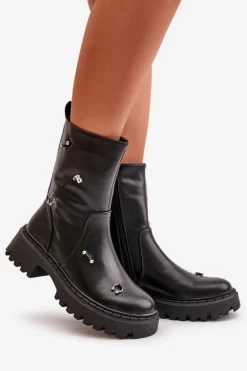 Botki Damskie Eko Skórzane Na Zamek Z Ozdobnymi Detalami Czarne Reritha