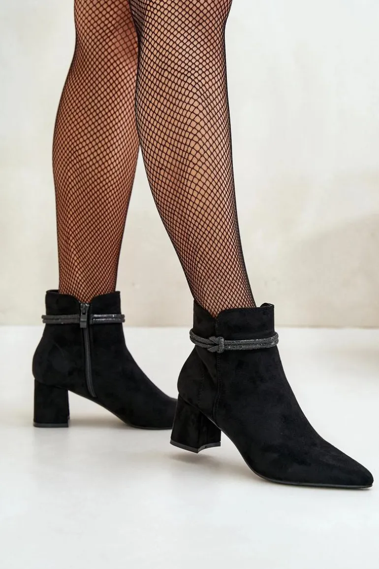 Botki Damskie Eko Zamszowe Na Słupku Z Noskami W Szpic Czarne Terivannes