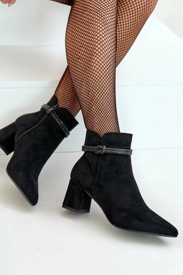 Botki Damskie Eko Zamszowe Na Słupku Z Noskami W Szpic Czarne Terivannes