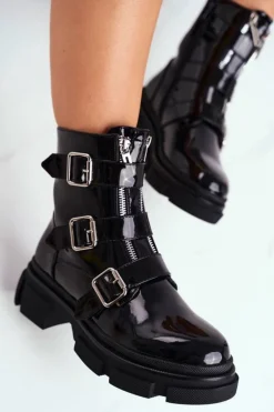 Botki Damskie Klamry Suwaki Lakierowane Czarne Kassandra