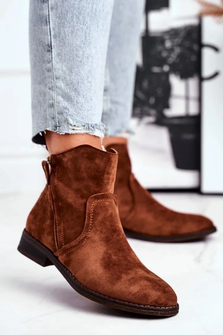 Botki Damskie Kowbojki Płaski Obcas Camel Plemmi