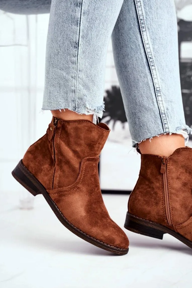 Botki Damskie Kowbojki Płaski Obcas Camel Plemmi