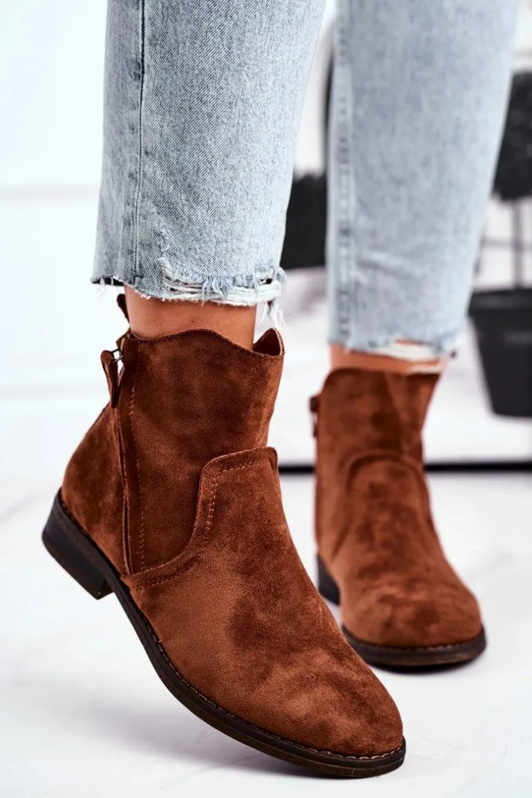 Botki Damskie Kowbojki Płaski Obcas Camel Plemmi