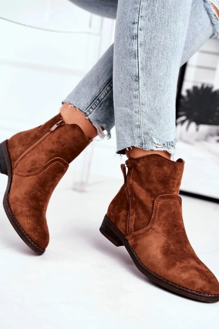 Botki Damskie Kowbojki Płaski Obcas Camel Plemmi