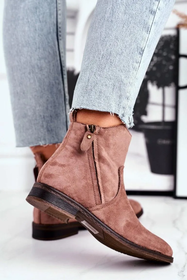 Botki Damskie Kowbojki Płaski Obcas Khaki Plemmi