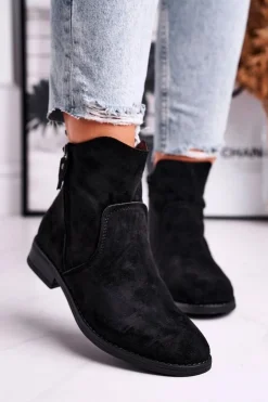 Botki Damskie Kowbojki Płaski Obcas Czarne Plemmi