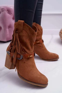 Botki Damskie Kowbojki z Klamrą Brązowe Marciapo