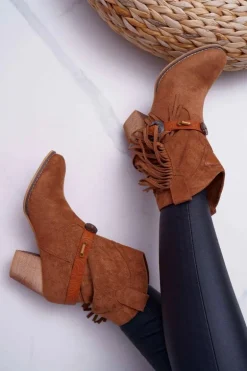 Botki Damskie Kowbojki z Klamrą Brązowe Marciapo