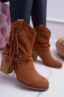 Botki Damskie Kowbojki z Klamrą Brązowe Marciapo