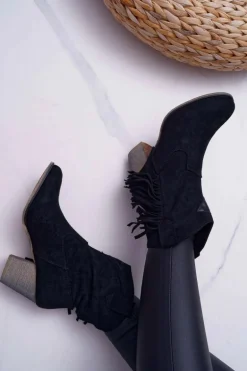 Botki Damskie Kowbojki z Klamrą Czarne Marciapo