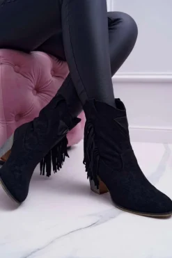 Botki Damskie Kowbojki z Klamrą Czarne Marciapo