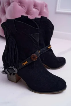 Botki Damskie Kowbojki z Klamrą Czarne Marciapo