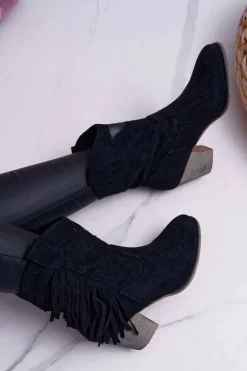 Botki Damskie Kowbojki z Klamrą Czarne Marciapo