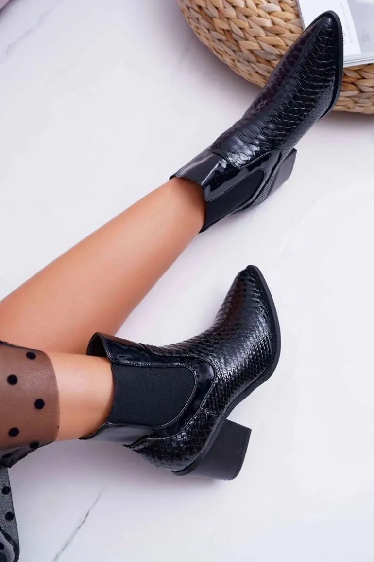 Botki Damskie Lakierowane Wsuwane Czarne Dorine