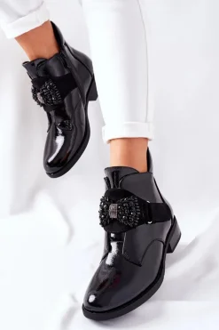 Botki Damskie Lakierowane Czarne Kryształy Schuler