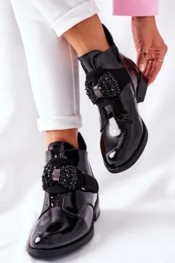 Botki Damskie Lakierowane Czarne Kryształy Schuler