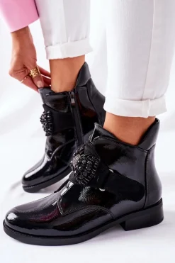 Botki Damskie Lakierowane Czarne Kryształy Schuler