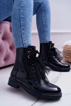 Botki Damskie Lakierowane Płaskie Czarne Barski 39-2