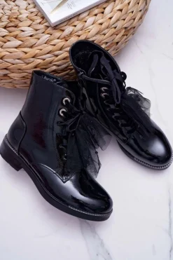 Botki Damskie Lakierowane Płaskie Czarne Barski 39-2