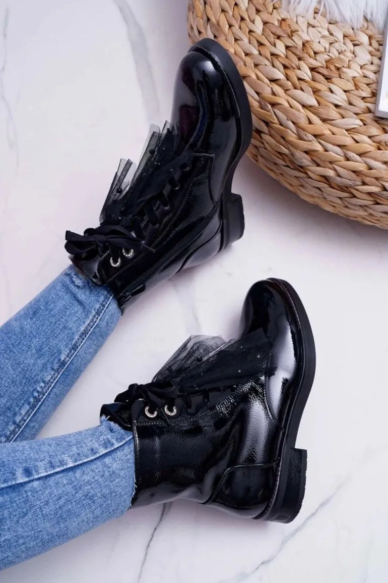 Botki Damskie Lakierowane Płaskie Czarne Barski 39-2