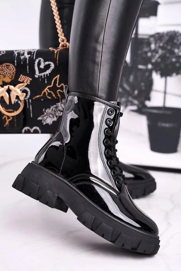 Botki Damskie Lakierowane Trapery Czarne Linzo