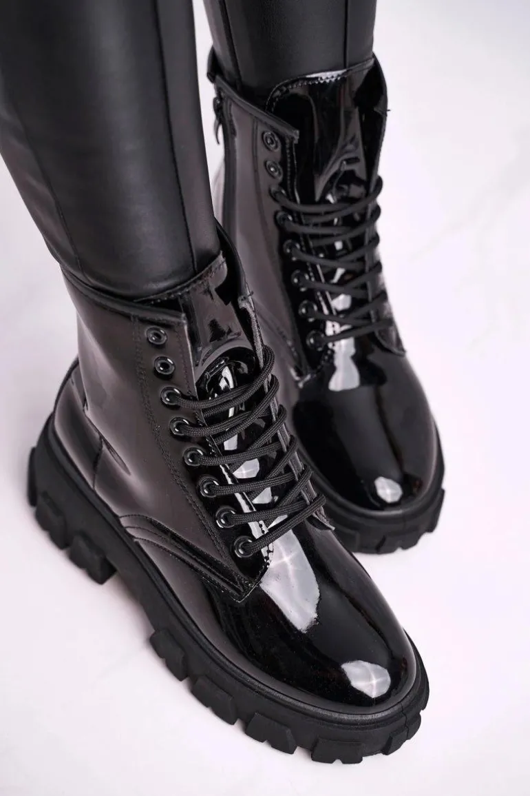 Botki Damskie Lakierowane Trapery Czarne Linzo