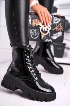 Botki Damskie Lakierowane Trapery Czarne Linzo