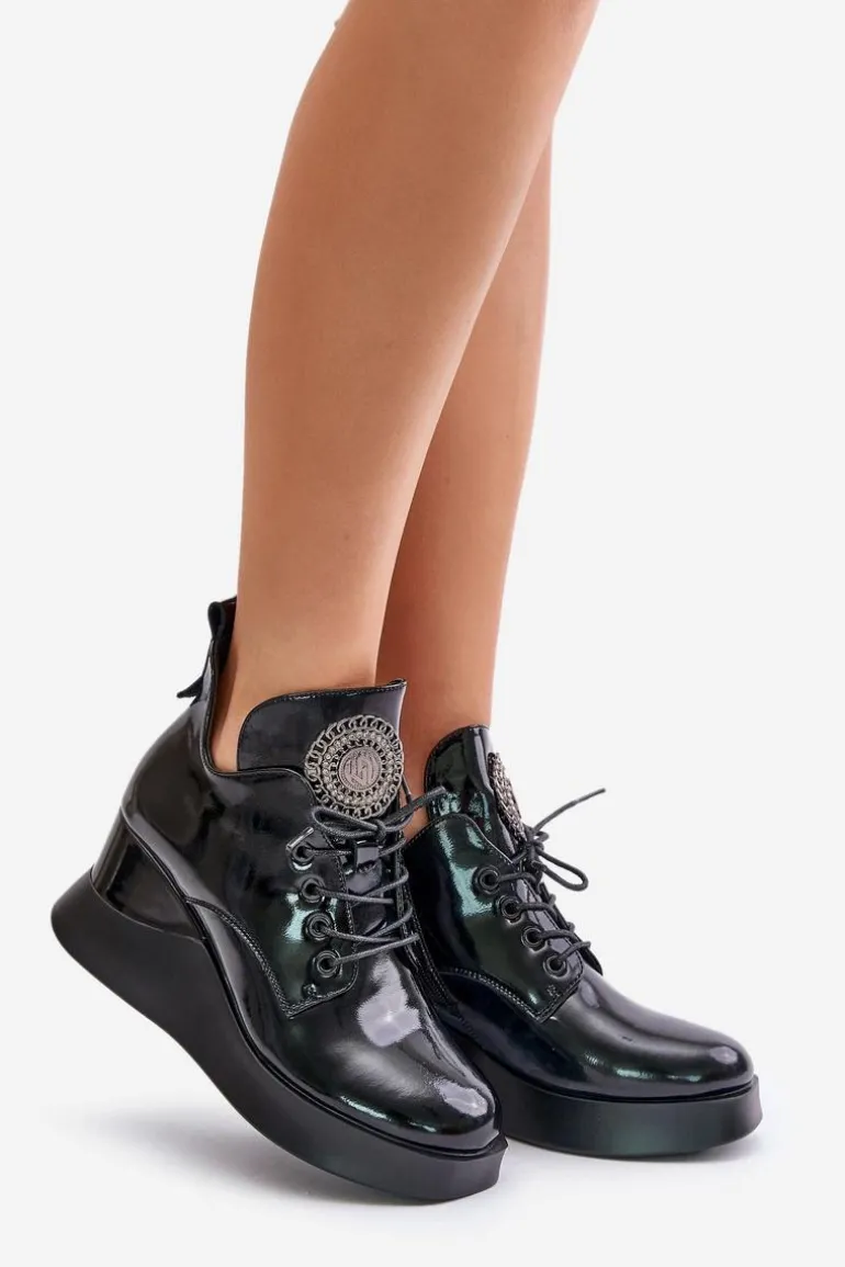 Botki Damskie Lakierowane Na Koturnie Ocieplane Vinceza 66706 Czarne