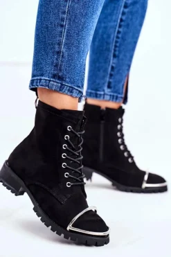 Botki Damskie Lu Boo Czarne Zamszowe Workery ze Stalową Oprawą Jacksy