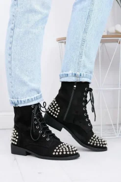 Botki Damskie Lu Boo Zamszowe Czarne Workery z Ćwiekami Tension