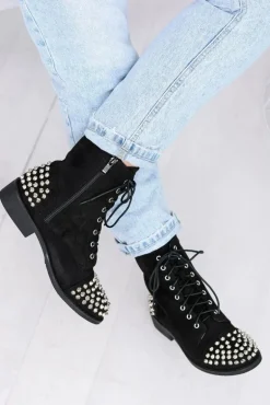 Botki Damskie Lu Boo Zamszowe Czarne Workery z Ćwiekami Tension