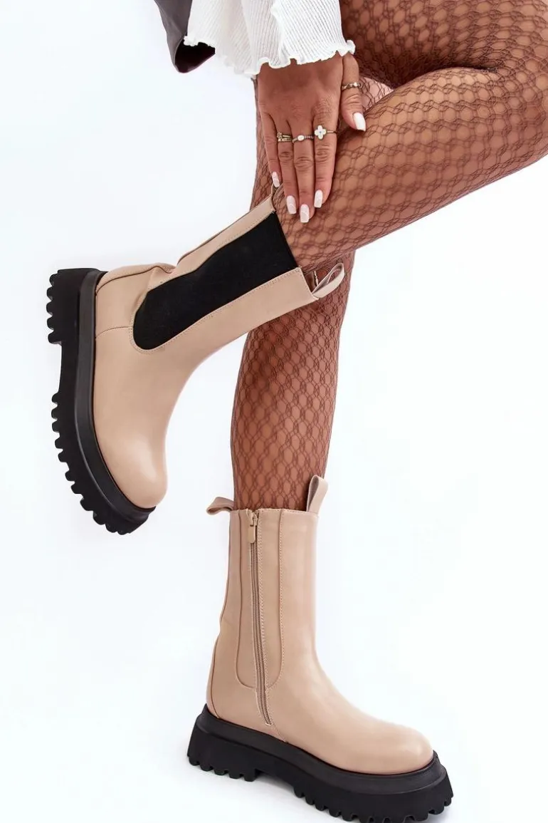 Botki Damskie Masywna Platforma Beżowe Beatrice