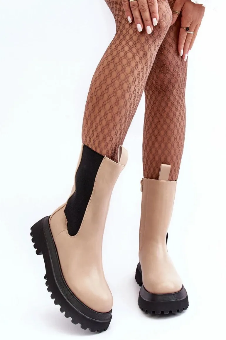 Botki Damskie Masywna Platforma Beżowe Beatrice