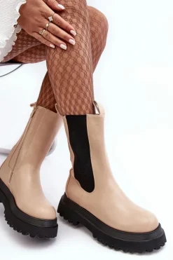 Botki Damskie Masywna Platforma Beżowe Beatrice