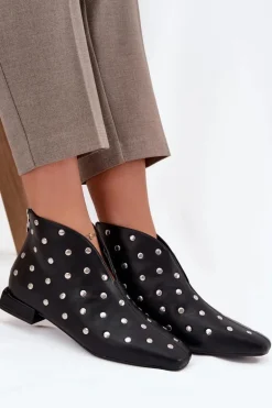 Botki Damskie Na Delikatnym Obcasie Ze Srebrnym Zdobieniem Czarne Rosalind