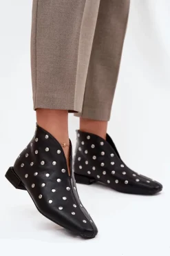 Botki Damskie Na Delikatnym Obcasie Ze Srebrnym Zdobieniem Czarne Rosalind