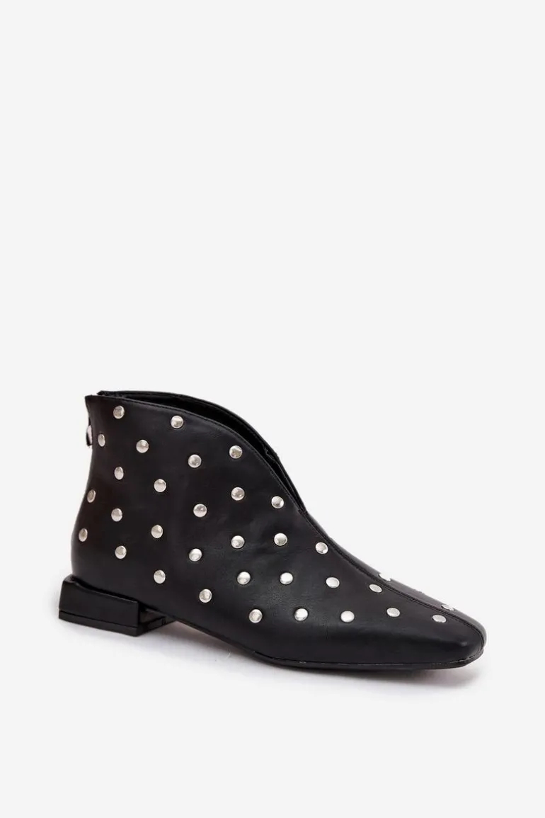 Botki Damskie Na Delikatnym Obcasie Ze Srebrnym Zdobieniem Czarne Rosalind
