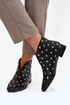 Botki Damskie Na Delikatnym Obcasie Ze Srebrnym Zdobieniem Czarne Rosalind