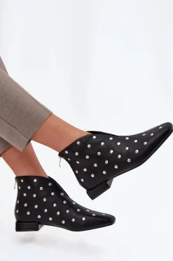 Botki Damskie Na Delikatnym Obcasie Ze Srebrnym Zdobieniem Czarne Rosalind