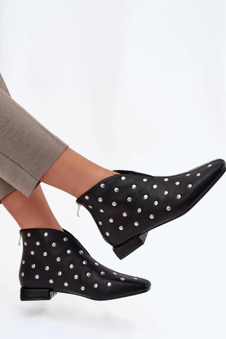 Botki Damskie Na Delikatnym Obcasie Ze Srebrnym Zdobieniem Czarne Rosalind