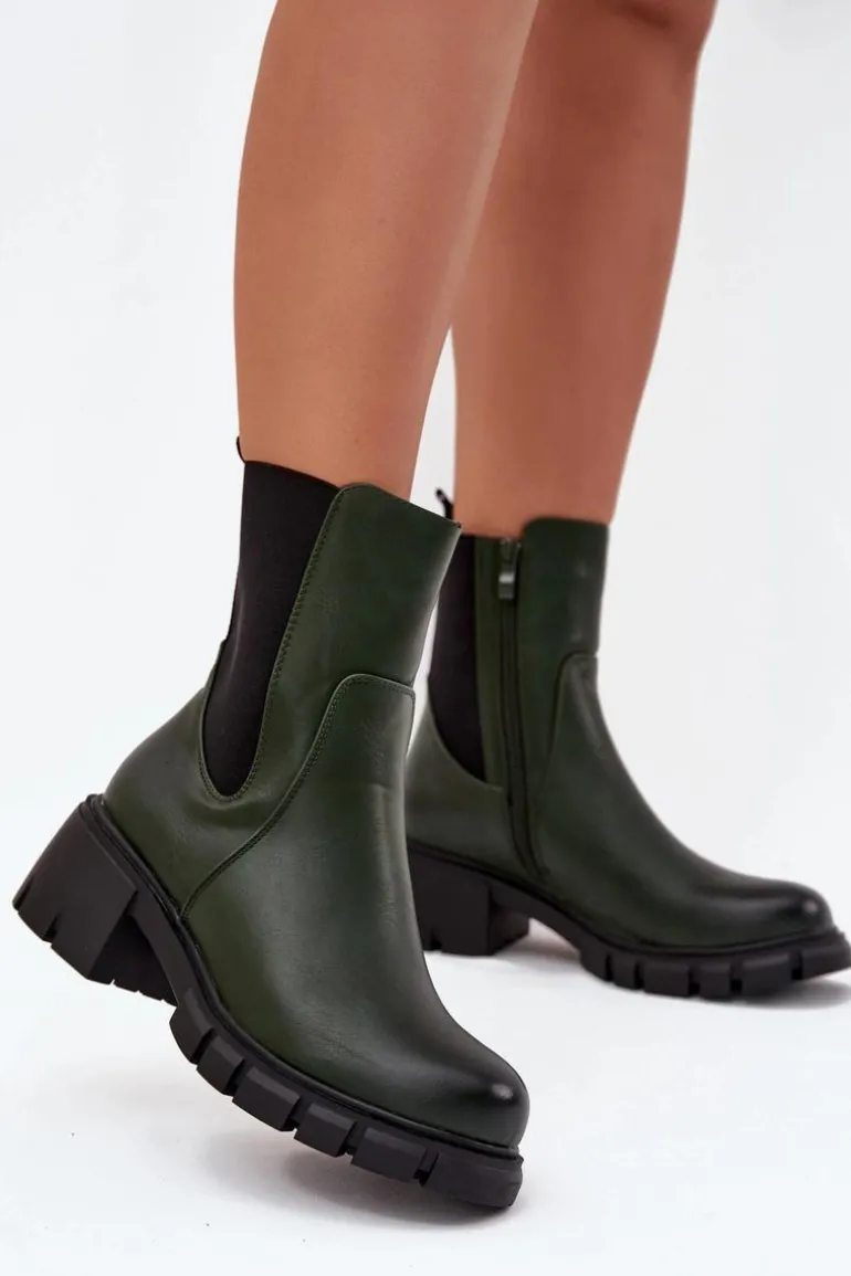 Botki Damskie Na Klocku Eko Skórzane Ciemnozielone Kyra