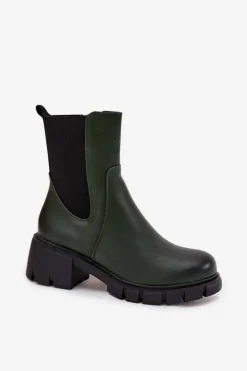 Botki Damskie Na Klocku Eko Skórzane Ciemnozielone Kyra