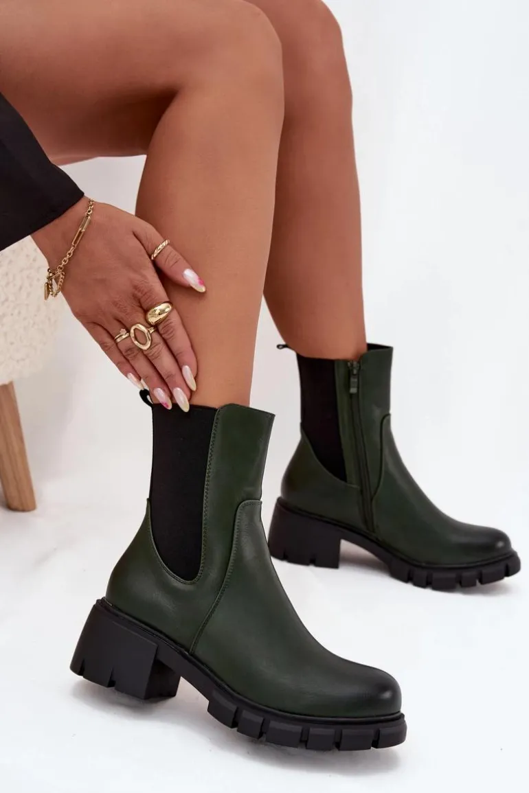 Botki Damskie Na Klocku Eko Skórzane Ciemnozielone Kyra