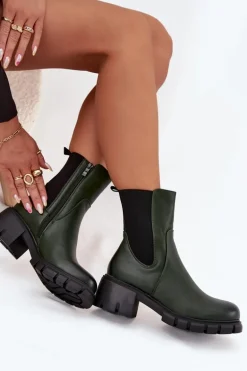 Botki Damskie Na Klocku Eko Skórzane Ciemnozielone Kyra